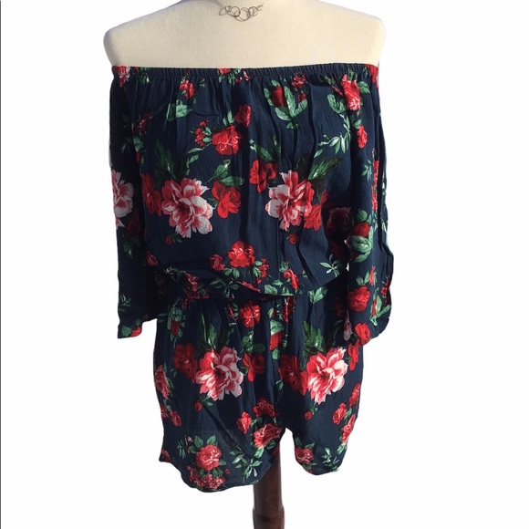 Pants - Blue Floral Print Off The Shoulder Romper